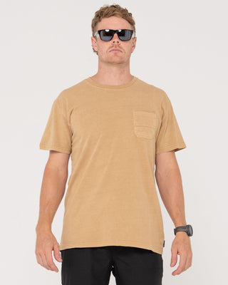 Man wearing Elbow Grease Short Sleeve Tee in Khaki