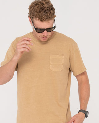 Man wearing Elbow Grease Short Sleeve Tee in Khaki