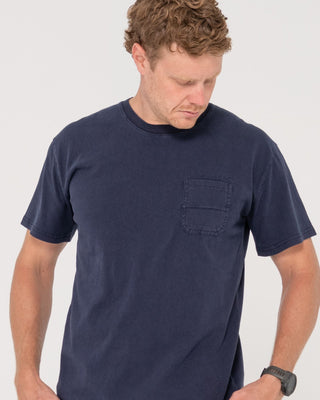 Man wearing Elbow Grease Short Sleeve Tee in Navy Blue