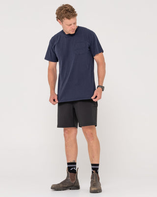 Man wearing Elbow Grease Short Sleeve Tee in Navy Blue