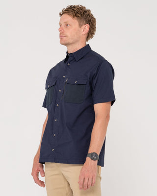 Man wearing Pressure Short Sleeve Shirt in Navy Blue