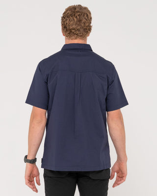 Man wearing Grindstones Short Sleeve Shirt in Navy Blue