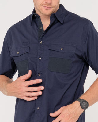 Man wearing Grindstones Short Sleeve Shirt in Navy Blue