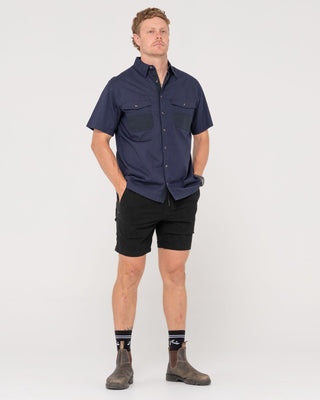 Man wearing Grindstones Short Sleeve Shirt in Navy Blue