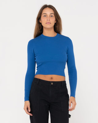 Woman wearing Amelia Cropped Long Sleeve Knit Top in Blue Sapphire