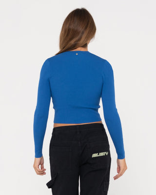 Woman wearing Amelia Cropped Long Sleeve Knit Top in Blue Sapphire