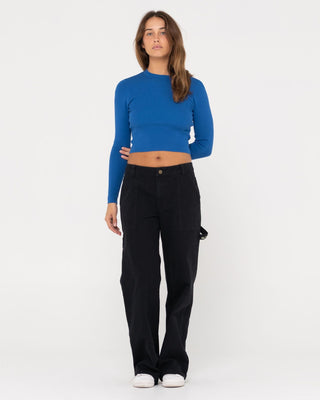 Woman wearing Amelia Cropped Long Sleeve Knit Top in Blue Sapphire