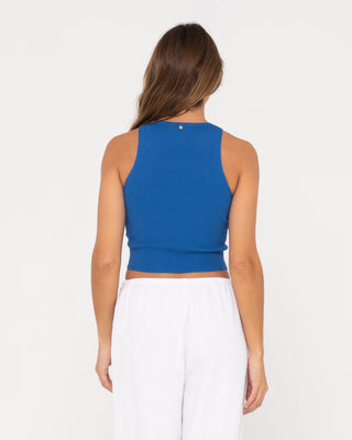 Woman wearing Amelia Knit Tank in Blue Sapphire