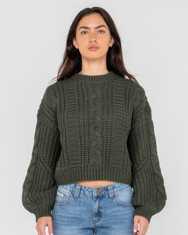 Woman wearing Folktale Crop Chunky Knit in Green