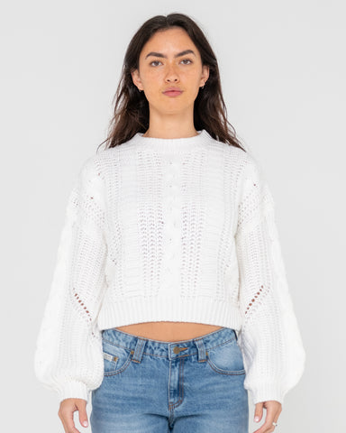 Woman wearing Folktale Crop Chunky Knit in White