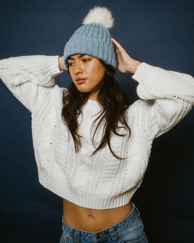 Woman wearing Folktale Crop Chunky Knit in White