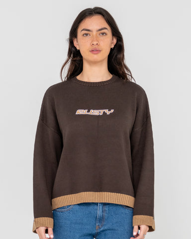 Woman wearing Rider Relaxed Crew Neck Knit in Brown