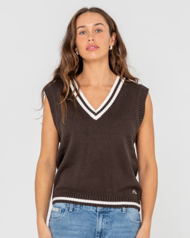 Woman wearing Nero Sleeveless Knit Vest in Brown