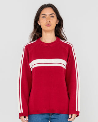 Woman wearing White Lines Long Sleeve Crew Neck Knit in Rhubarb