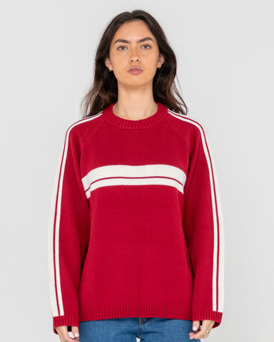 Woman wearing White Lines Long Sleeve Crew Neck Knit in Red