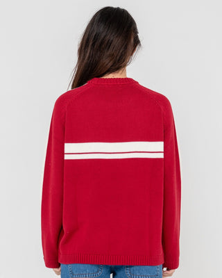 Woman wearing White Lines Long Sleeve Crew Neck Knit in Rhubarb