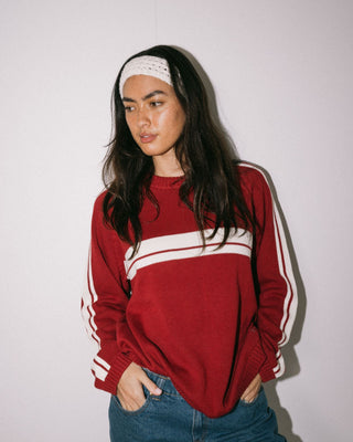 Woman wearing White Lines Long Sleeve Crew Neck Knit in Rhubarb