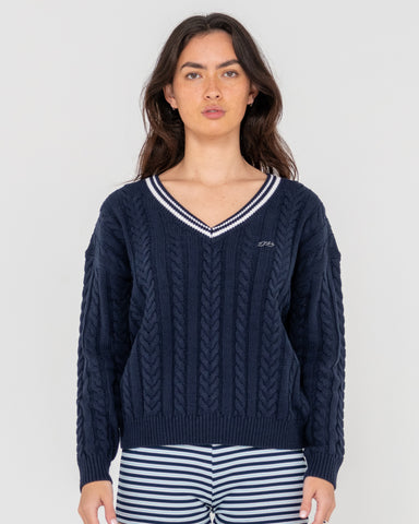 Woman wearing Oxford Oversized Vee Neck Knit in Blue