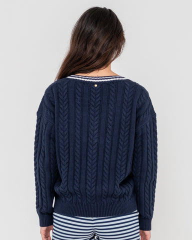 Woman wearing Oxford Oversized Vee Neck Knit in Blue