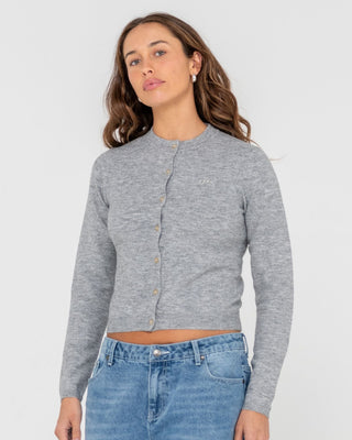 Woman wearing Nana Beryl Slim Fit Cardigan in Oyster Grey