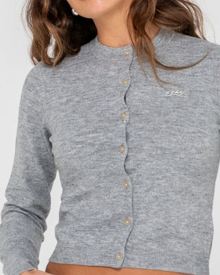 Woman wearing Nana Beryl Slim Fit Cardigan in Oyster Grey