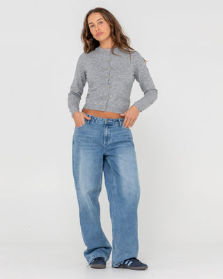 Woman wearing Nana Beryl Slim Fit Cardigan in Oyster Grey