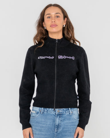 Woman wearing Sundial Zip Though Skimmer Knit in Black