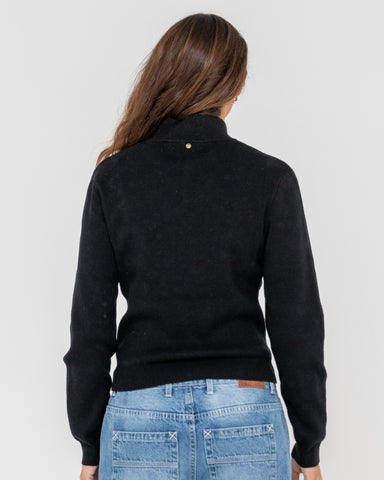 Woman wearing Sundial Zip Though Skimmer Knit in Black