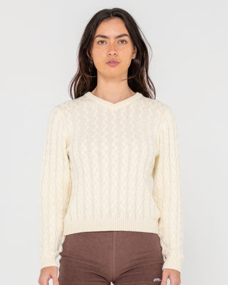 Woman wearing Collegiate Long Sleeve Vee Neck Knit in Snow