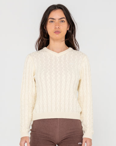 Woman wearing Collegiate Long Sleeve Vee Neck Knit in White