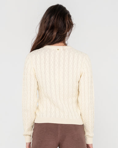 Woman wearing Collegiate Long Sleeve Vee Neck Knit in White