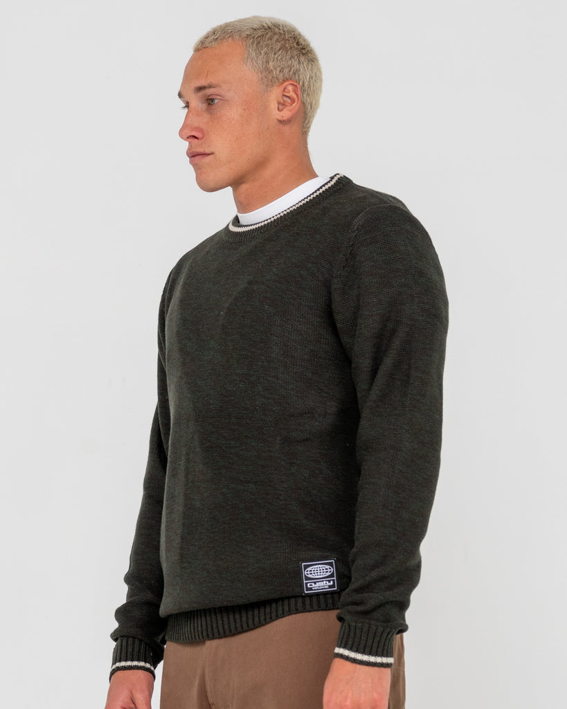 Rusty | Skyliner Tipped Crew Knit - Size: S, Green, 55% Acrylic 45% Cotton