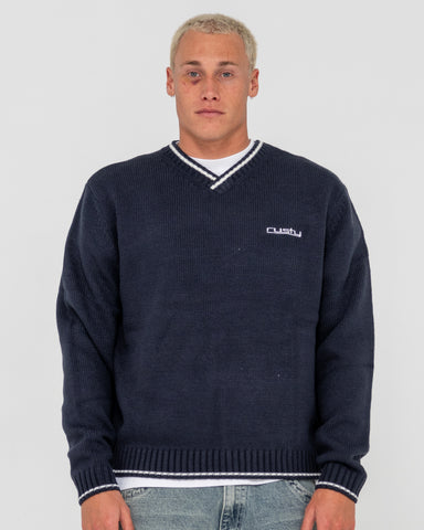 Man wearing Venom Vee Neck Knitted Crew in Blue