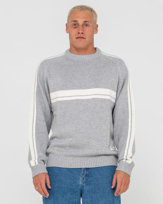 Man wearing White Lines 2.0 Knitted Crew in Grey Marle