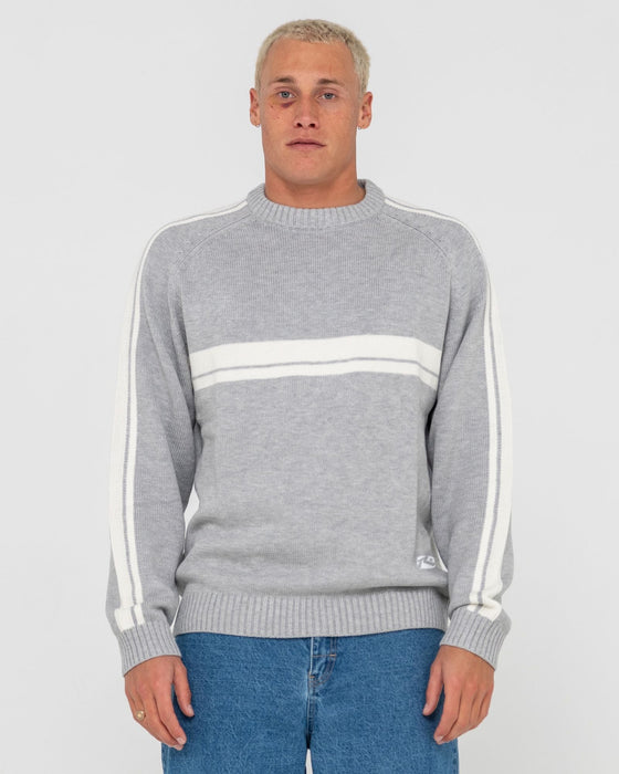 man-wearing-white-lines-2-0-knitted-crew-in-grey-marle