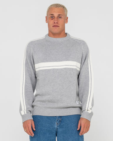 Man wearing White Lines 2.0 Knitted Crew in Grey