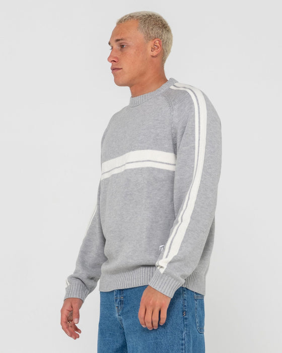 man-wearing-white-lines-2-0-knitted-crew-in-grey-marle