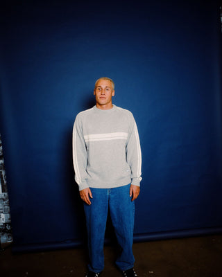 Man wearing White Lines 2.0 Knitted Crew in Grey Marle