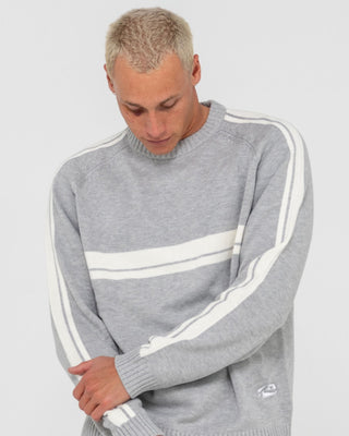Man wearing White Lines 2.0 Knitted Crew in Grey Marle