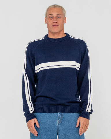 Man wearing White Lines 2.0 Knitted Crew in Blue