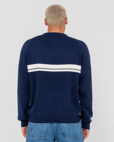 Man wearing White Lines 2.0 Knitted Crew in Blue