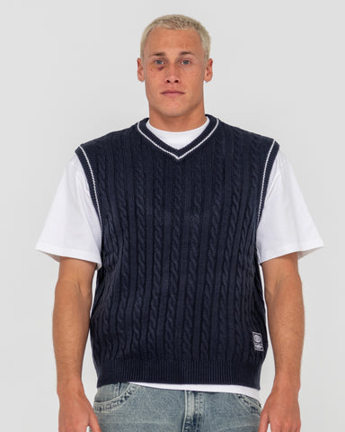 Man wearing Neff-v Ribbed Cable Knit Vest in Blue