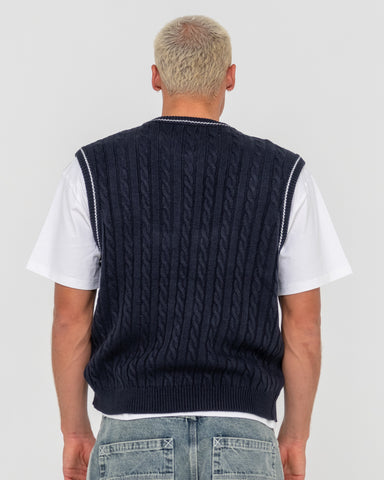 Man wearing Neff-v Ribbed Cable Knit Vest in Blue