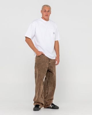 Man wearing R Dot Baggy Jean in Overdyed Brown
