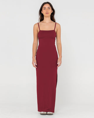 Woman wearing Vicky Fixed Back Slip Maxi Dress in Rhubarb