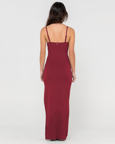 Woman wearing Vicky Fixed Back Slip Maxi Dress in Brown