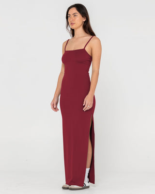Woman wearing Vicky Fixed Back Slip Maxi Dress in Rhubarb