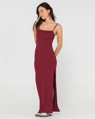 Woman wearing Vicky Fixed Back Slip Maxi Dress in Rhubarb