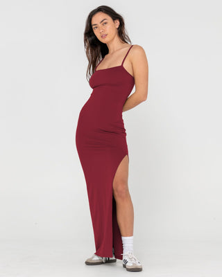Woman wearing Vicky Fixed Back Slip Maxi Dress in Rhubarb