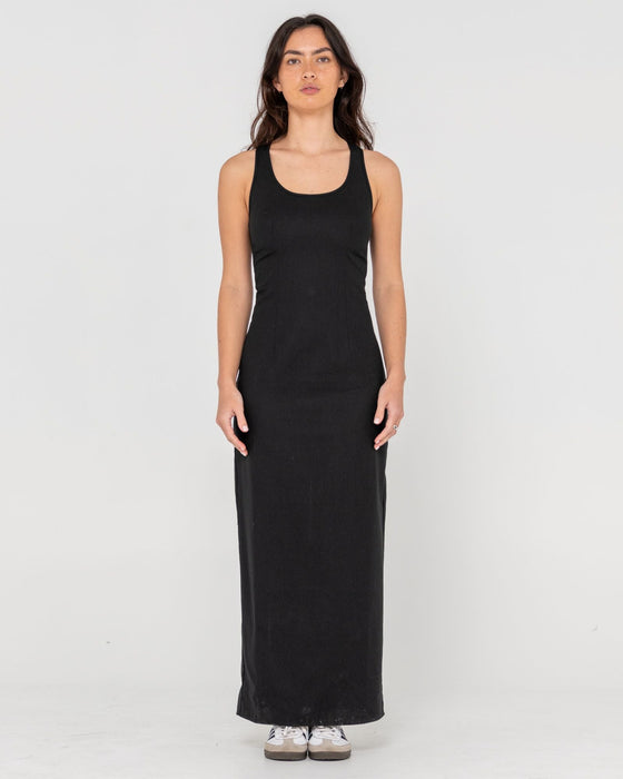 woman-wearing-cross-back-maxi-dress-in-black